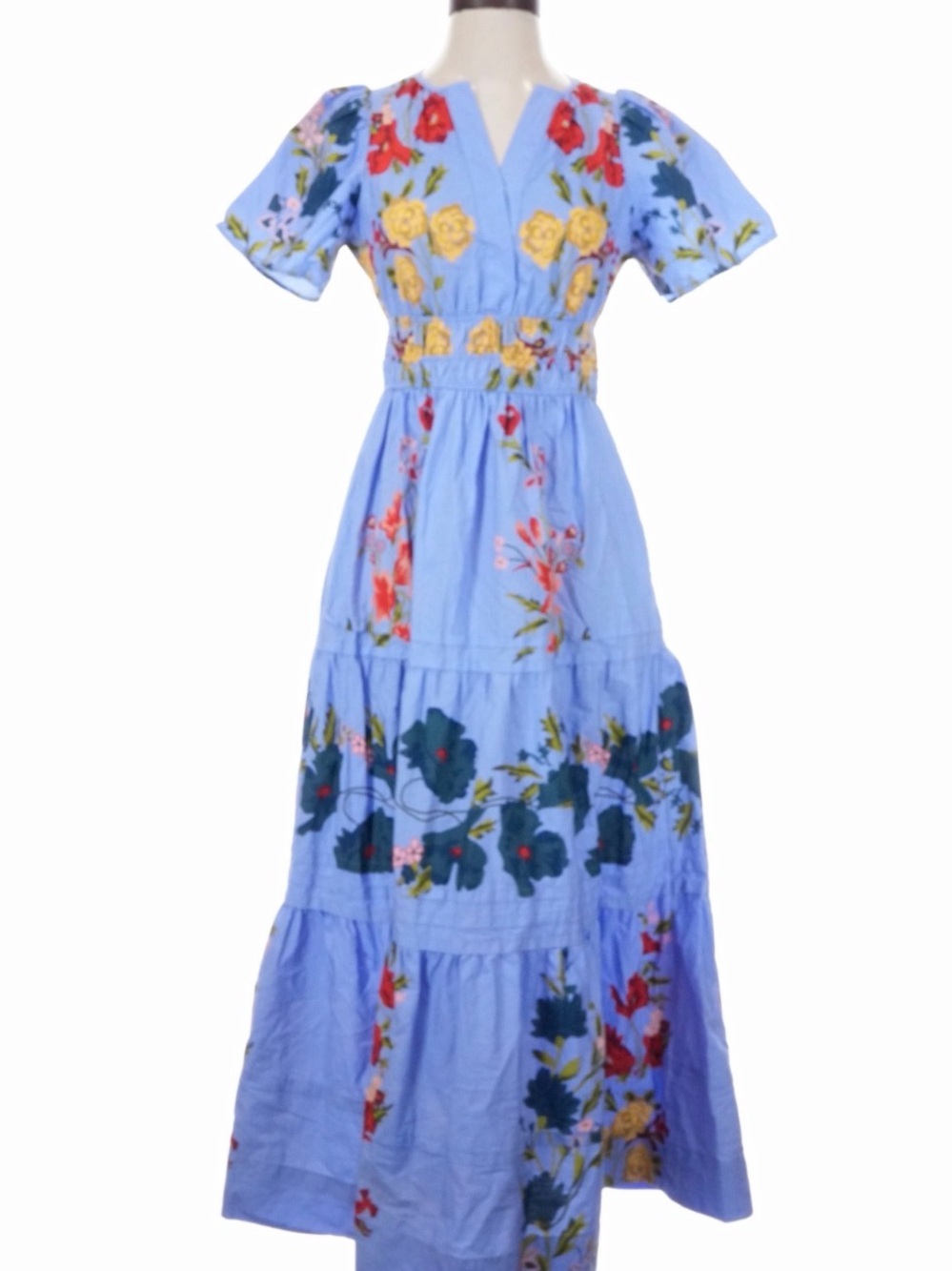 Anthropologie Somerset Blue Maxi Dress with Red & Yellow Floral Print